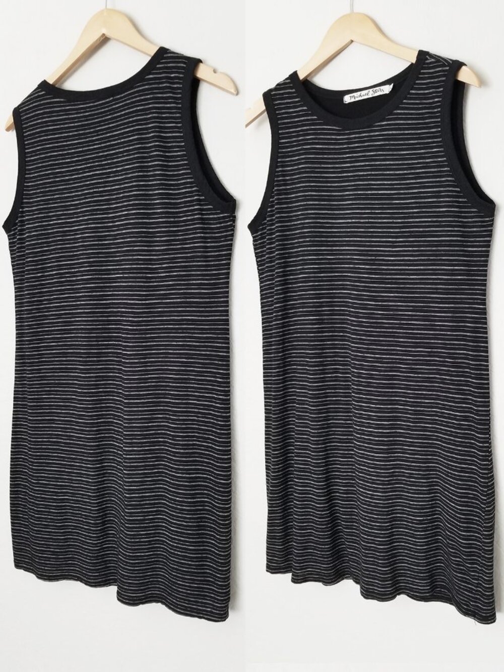 Michael Stars Linen Blend Ringer Tank Dress Sz L Black Striped Coastal Designer